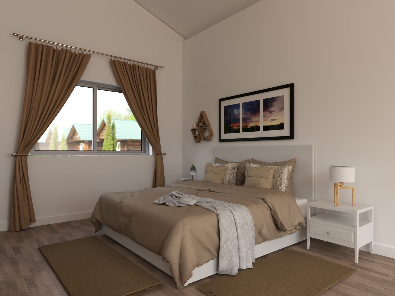 Woning slaapkamer in nieuwbouwvilla in Campo de San Juan Ruime slaapkamer met beige beddengoed en grote raam met goudkleurige gordijnen.