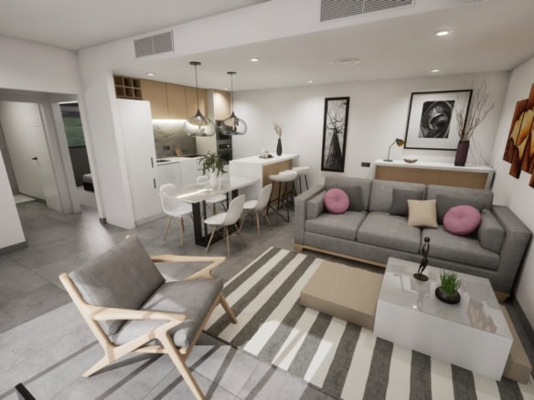Moderne woonkamer met comfortabele bank, decoratieve kunst en lichte kleuren. Ruimtelijk en uitnodig.