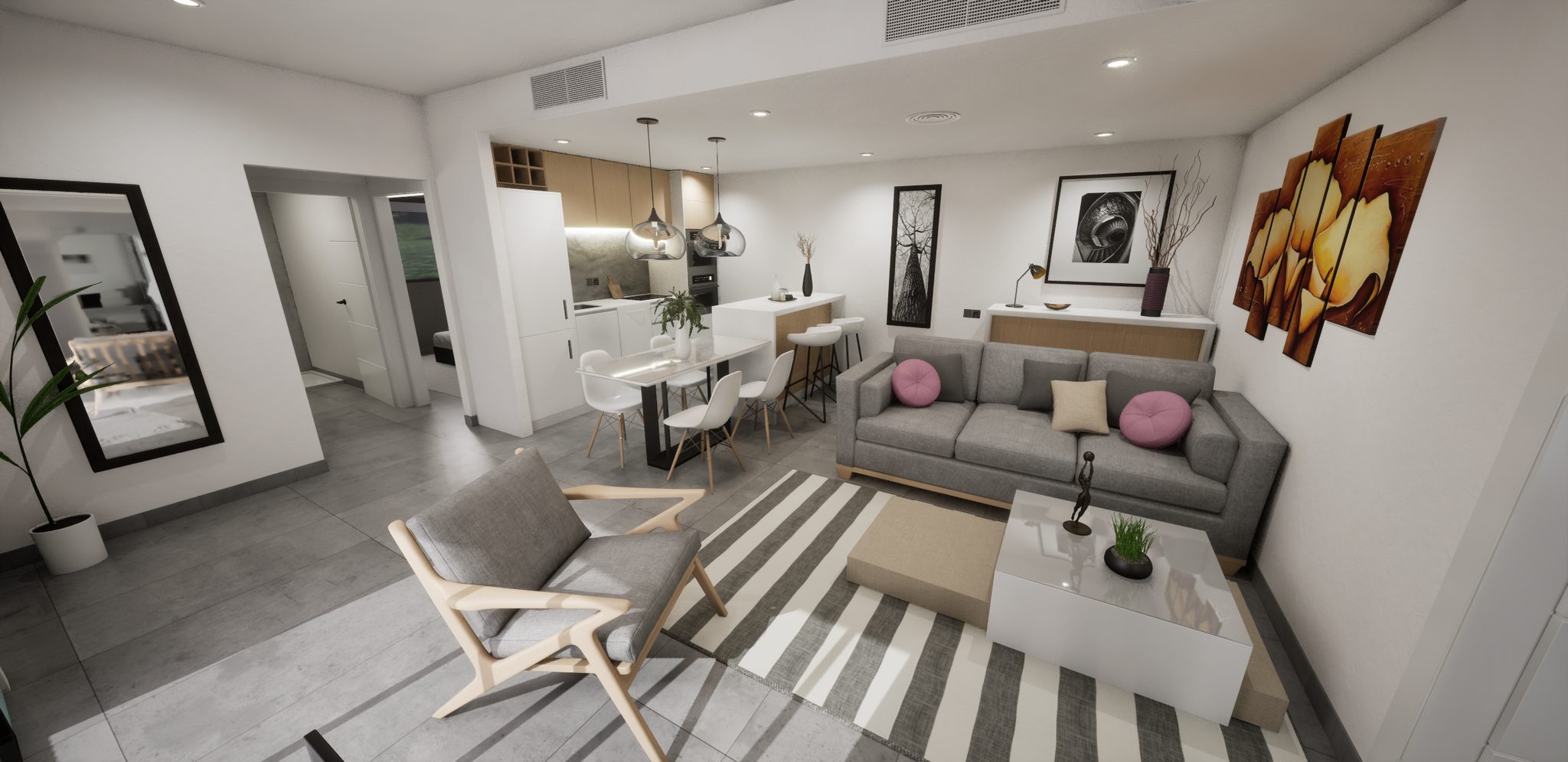 Moderne woonkamer met comfortabele bank, decoratieve kunst en lichte kleuren. Ruimtelijk en uitnodig.