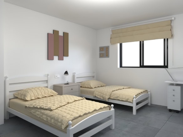 Moderne slaapkamer met twee eenpersoonsbedden, grote ramen en minimalistisch interieur.