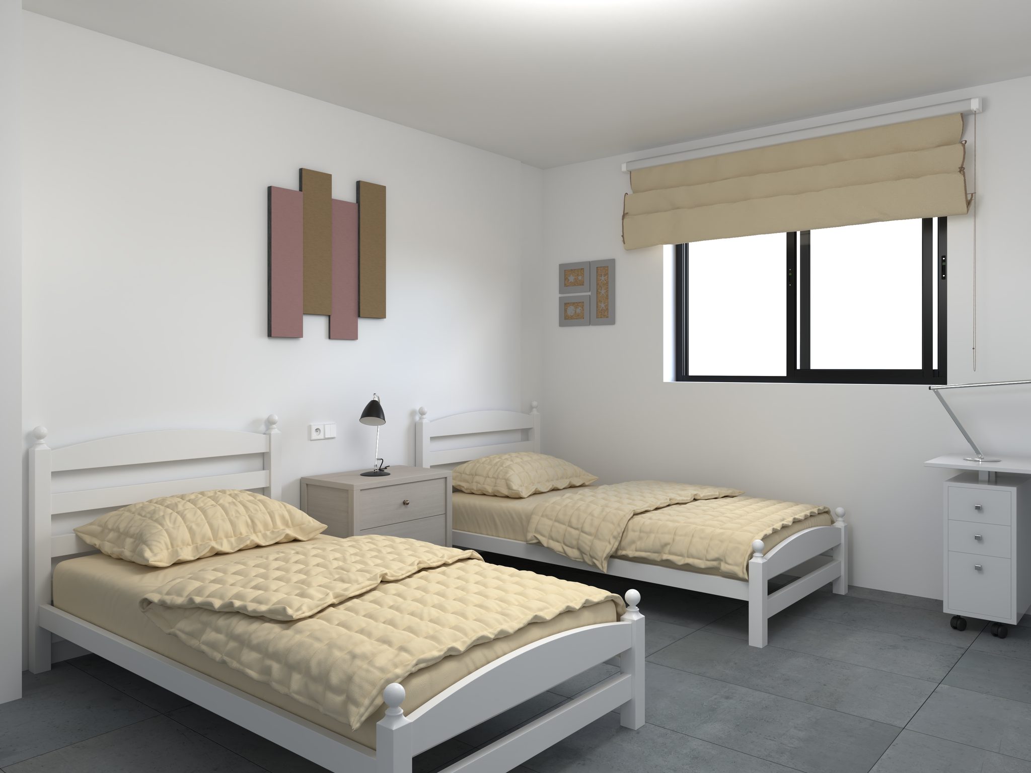 Modern slaapkamer met twee eenpersoonsbedden en grote ramen Moderne slaapkamer met twee eenpersoonsbedden, grote ramen en minimalistisch interieur.
