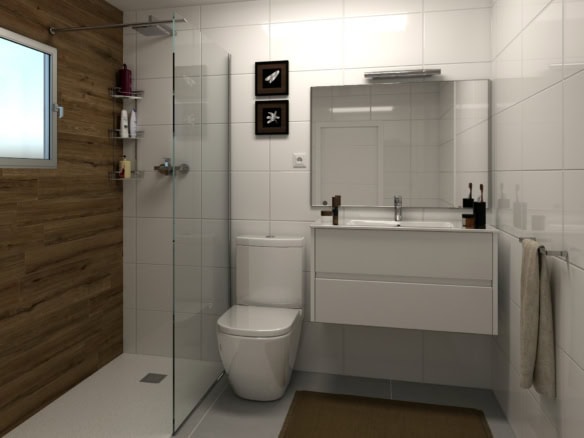 Moderne badkamer met witte tegels, douche en toilet in nieuwbouwvilla in Moratalla.