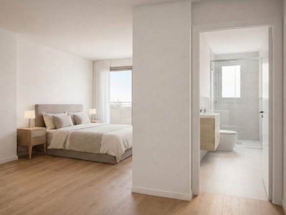 Ruime slaapkamer met uitzicht en aangrenzende moderne badkamer in San Javier, Murcia.