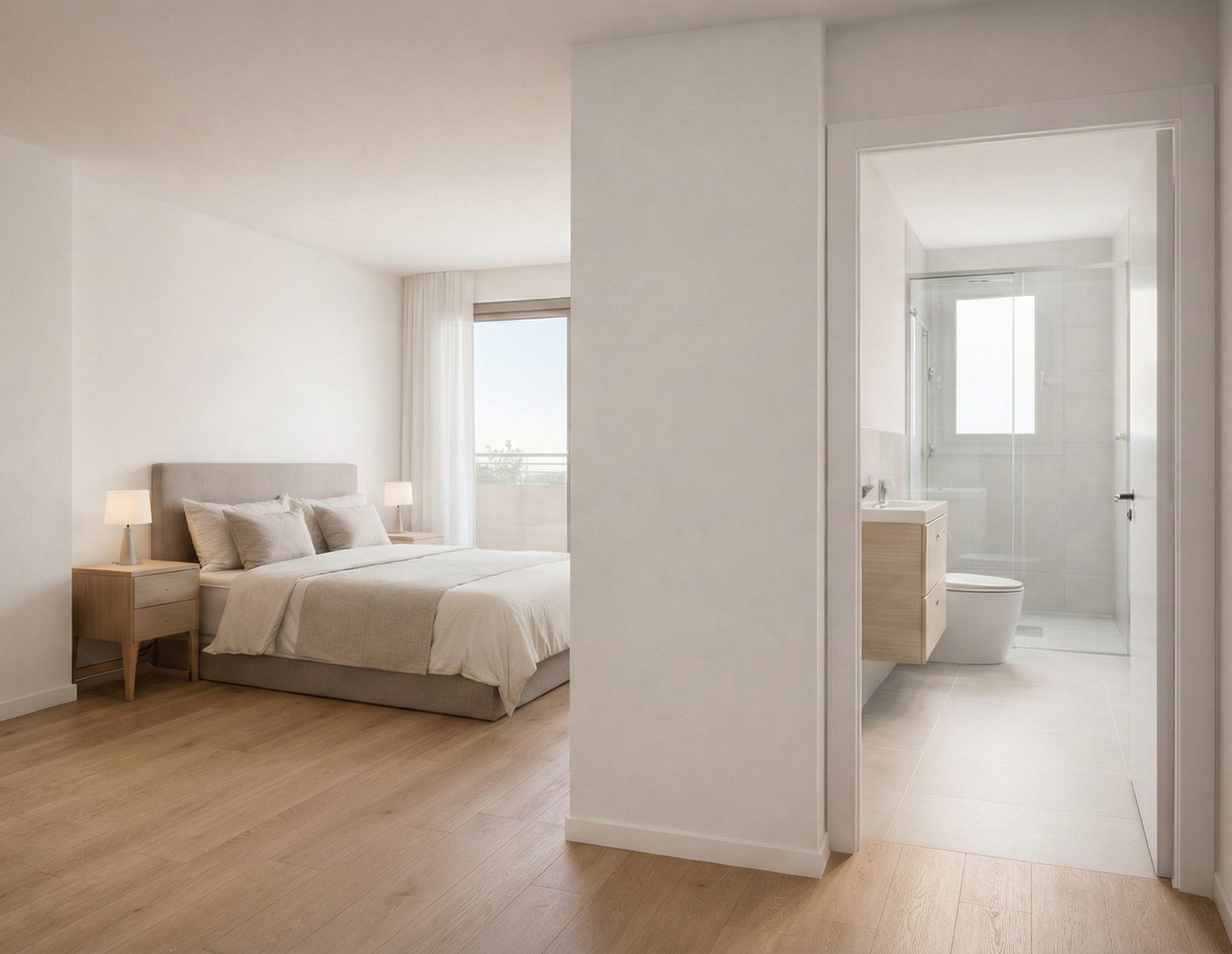 Modern slaapkamer met badkamer in villa San Javier Ruime slaapkamer met uitzicht en aangrenzende moderne badkamer in San Javier, Murcia.