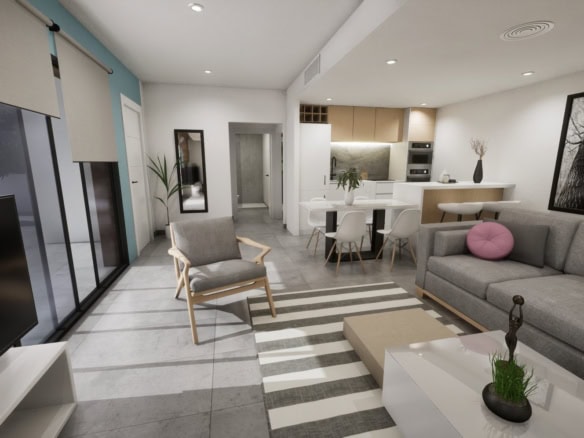 Moderne villa met ruime woonkamer, open keuken en uitzicht op het privézwembad.