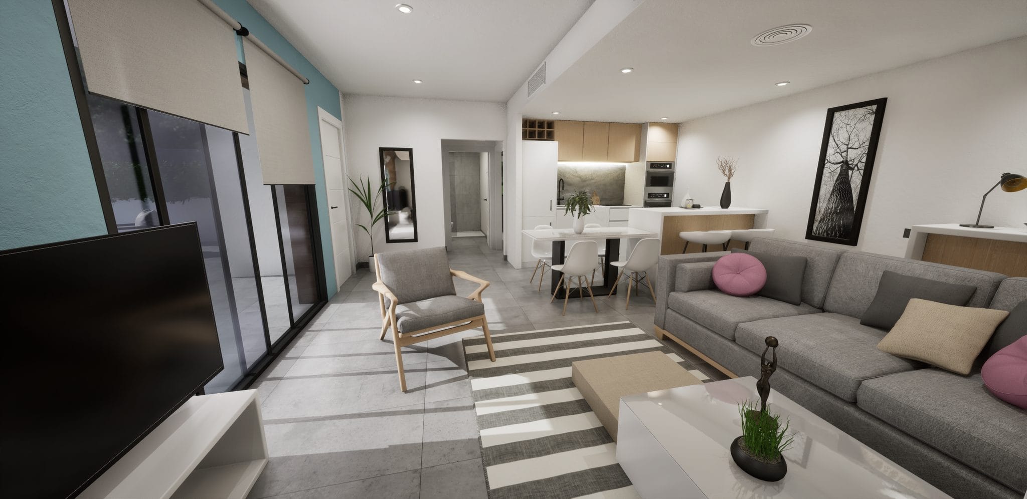 Moderne villa met ruime woonkamer, open keuken en uitzicht op het privézwembad.