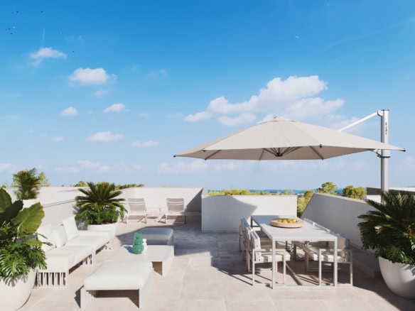 Luxe dakterras met wit meubilair, parasol en planten, uitzicht op de omgeving.