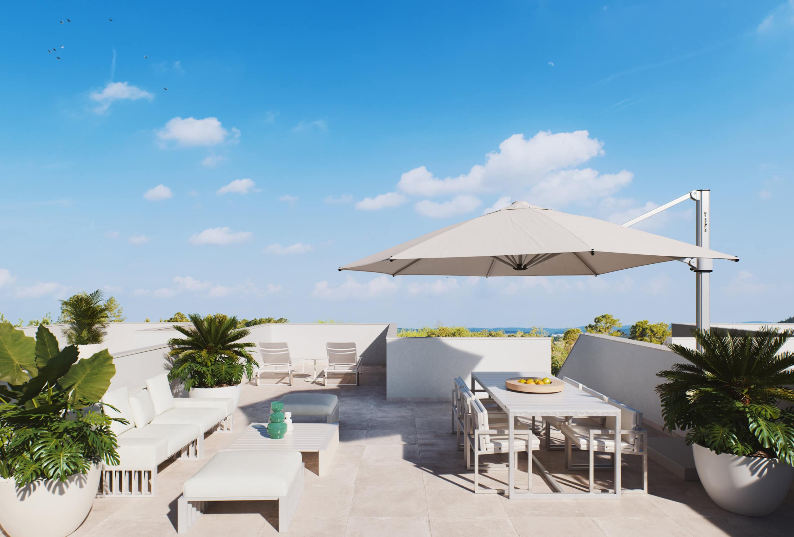 Luxe dakterras met wit meubilair, parasol en planten, uitzicht op de omgeving.