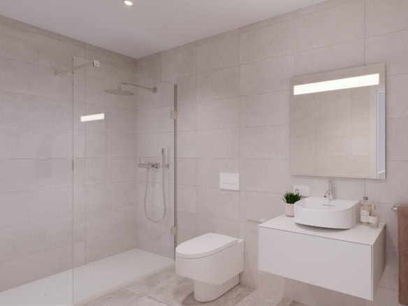 Moderne badkamer met inloopdouche, toilet en wastafel in Pilar de la Horadada. Strakke afwerking en.