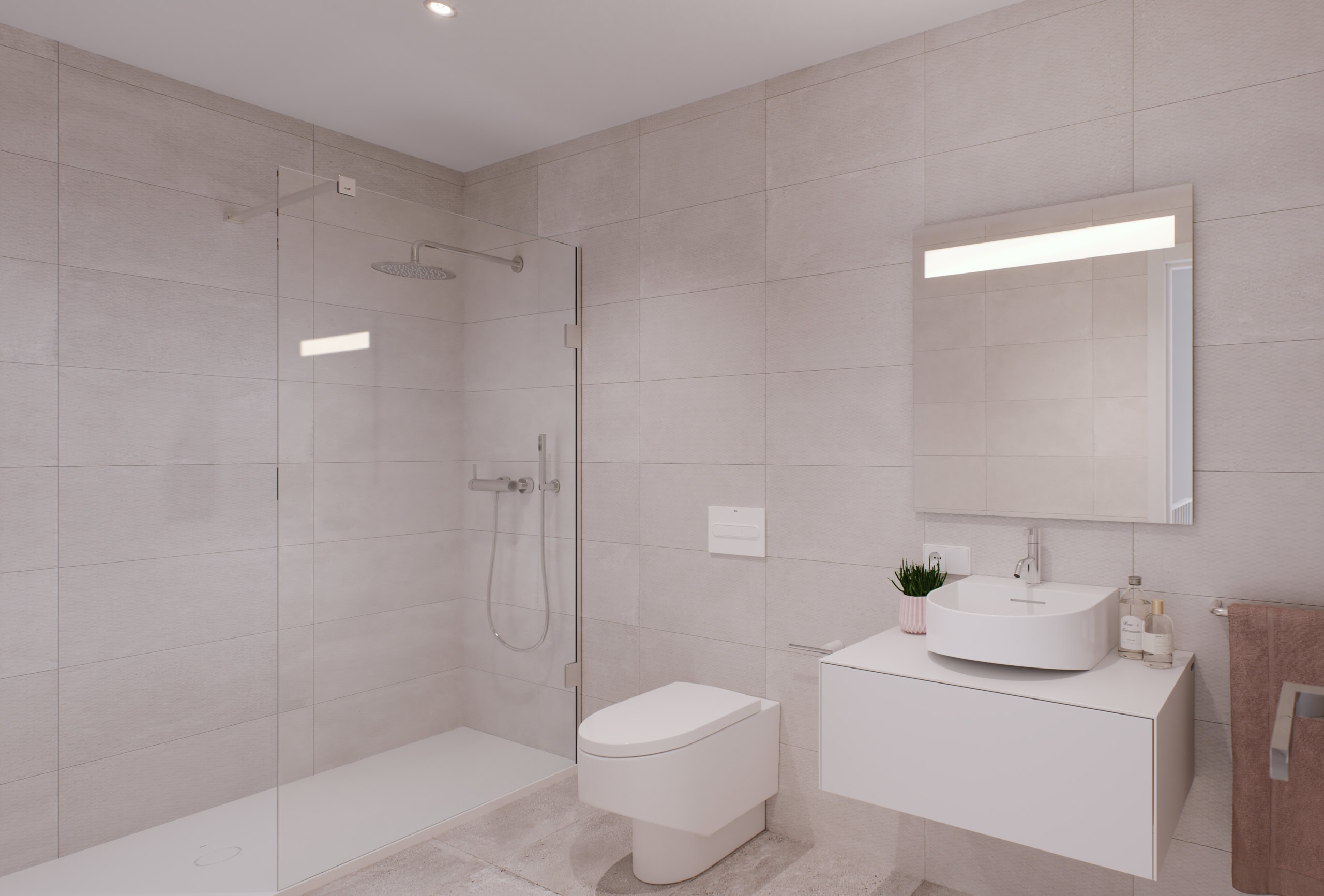 Moderne badkamer met inloopdouche, toilet en wastafel in Pilar de la Horadada. Strakke afwerking en.