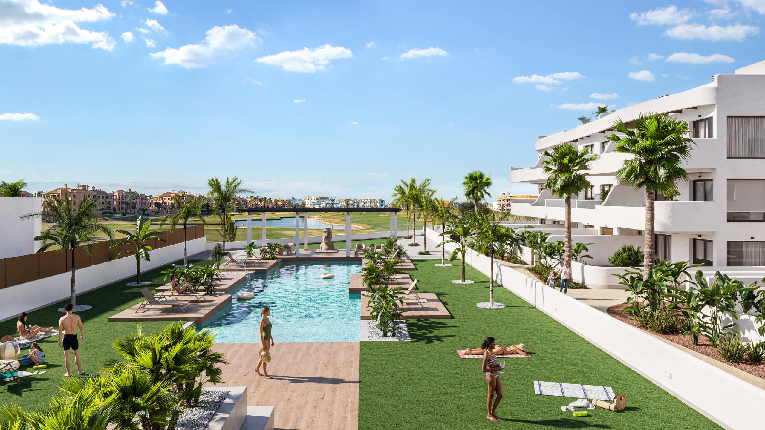 Modern appartement met terras en zwembad in Los Alcázares Appartement met terras, zwembad en palmbomen in Los Alcázares, nabij water.