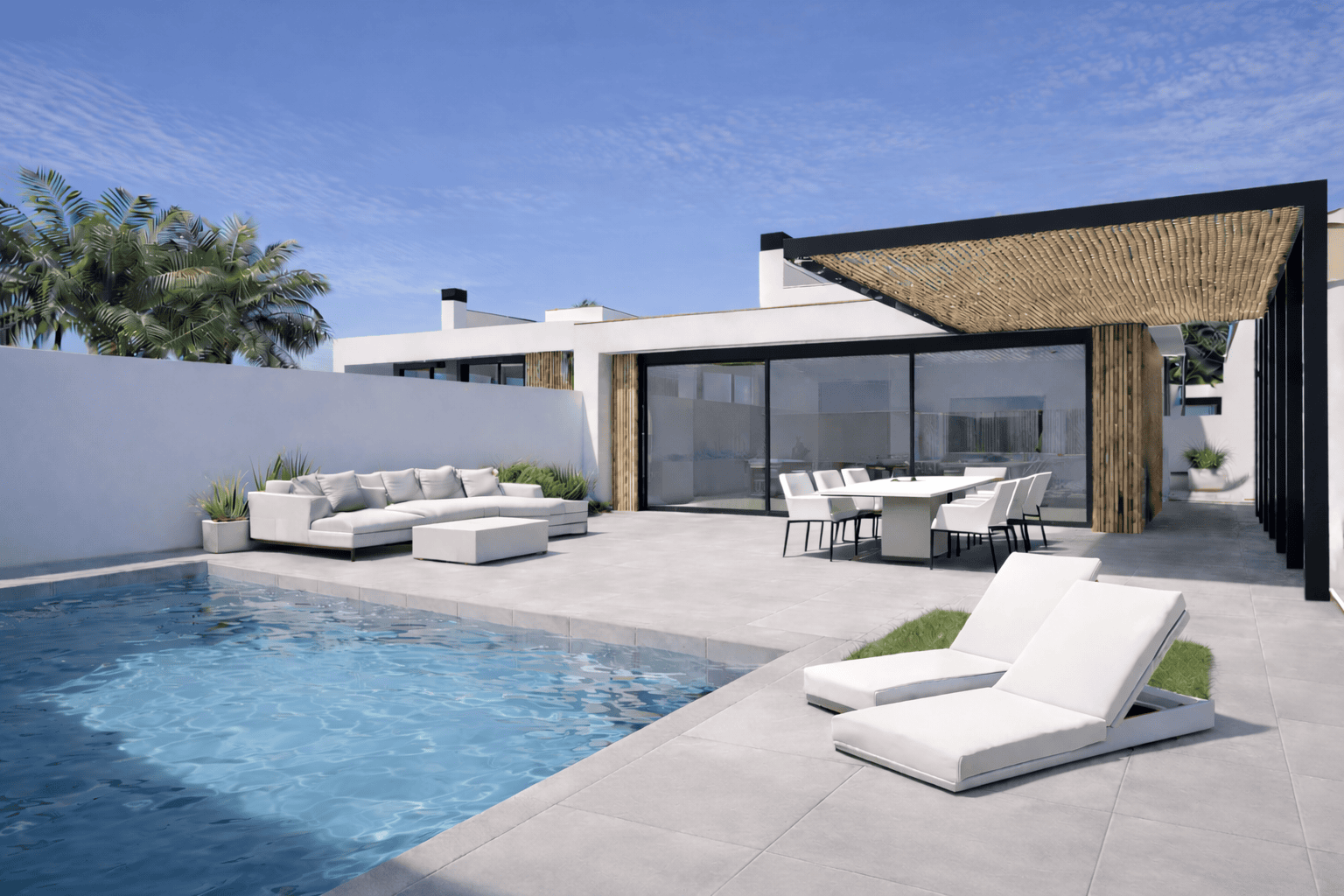 Moderne villa aan Serena Golf met zwembad, lounge en buiten eethoek.